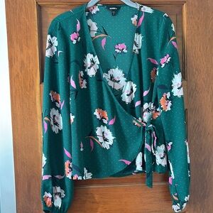 Express Green Floral Wrap Top